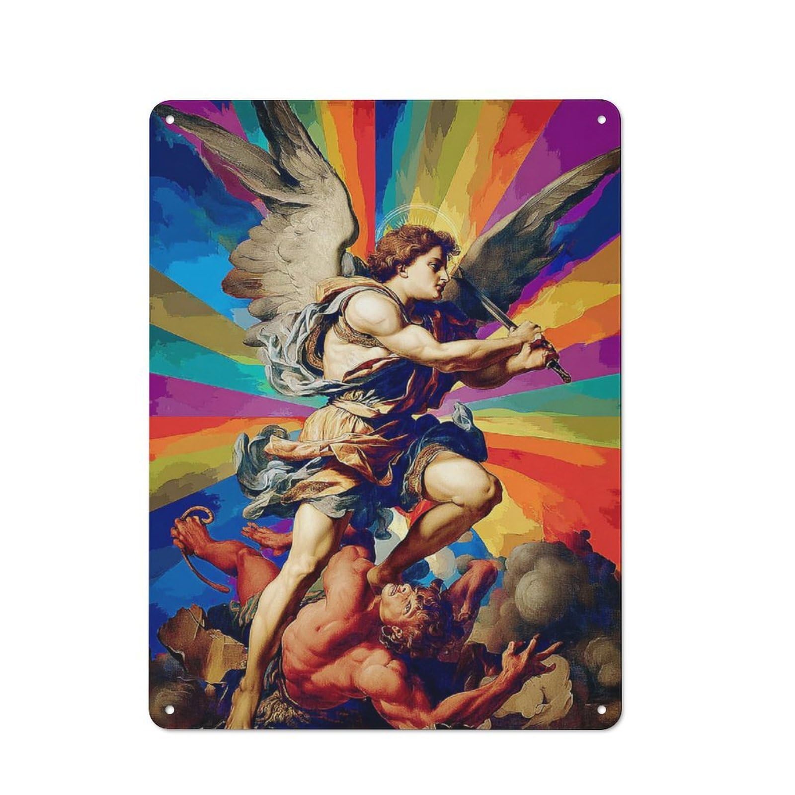 Junmoney Archangel Michael Slashing Demon Metal Wall Art Sign 40X30cm, Vintage Vintage Wall Decor For Lounge, Study, Pub Or Wall Gallery