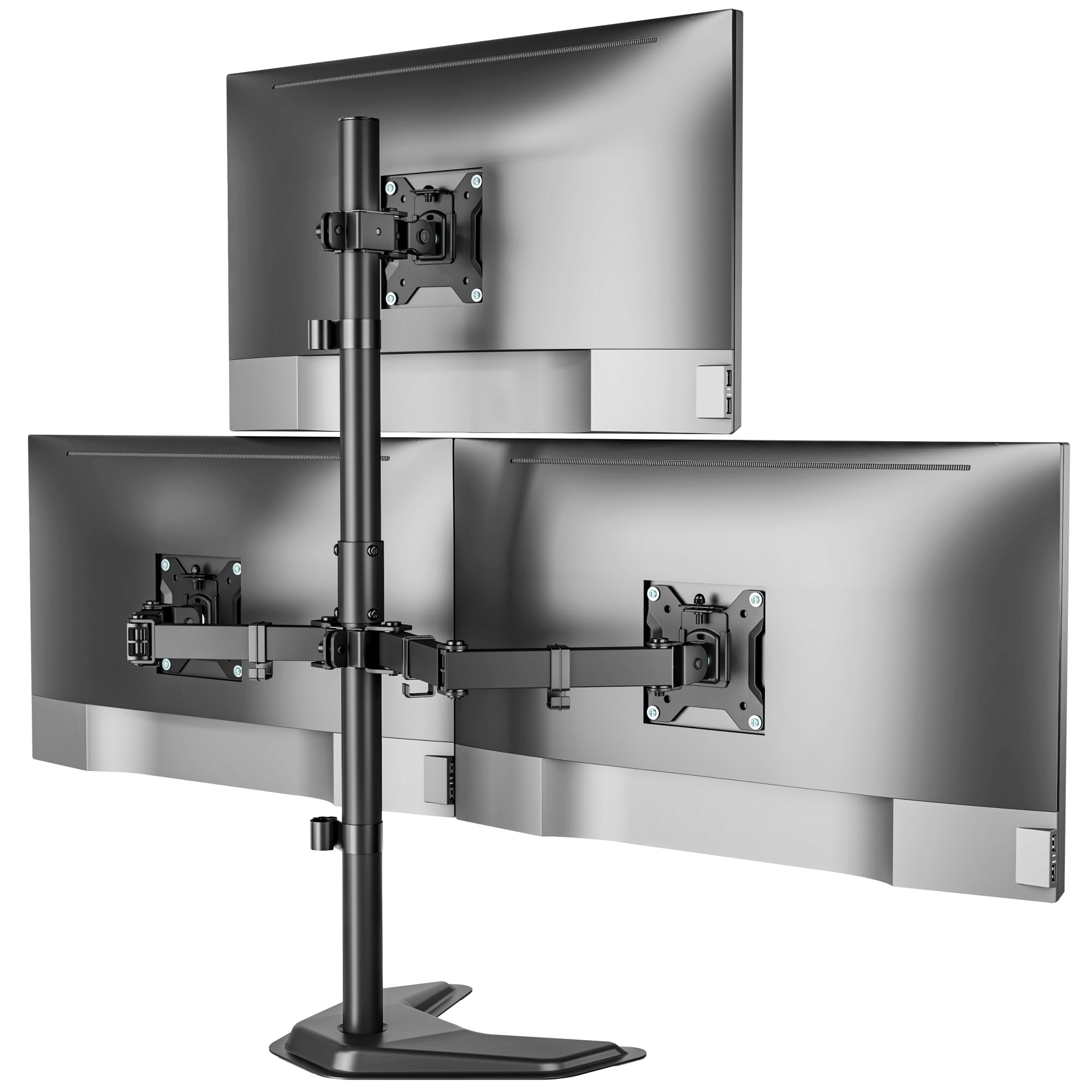 monTEK Soporte de monitor triple estable, soporte de escritorio totalmente ajustable para 3 pantallas de hasta 17 a 32 pulgadas cada una con capacidad de carga de 22 libras por brazo, base estable
