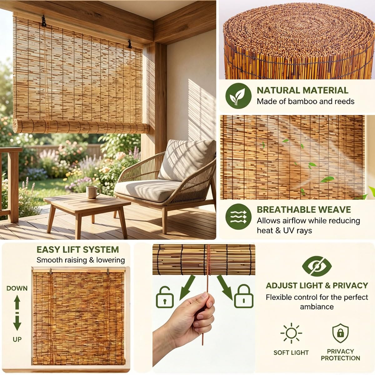 Store Bambou Intérieur sans Percage, 80 100 120 130 135 140 145 155 160 cm Store Enrouleur Bambou Naturel, Rideau Thermique Occultant pour Pergola Balcon Terrasse(W140 cm x H240 cm)