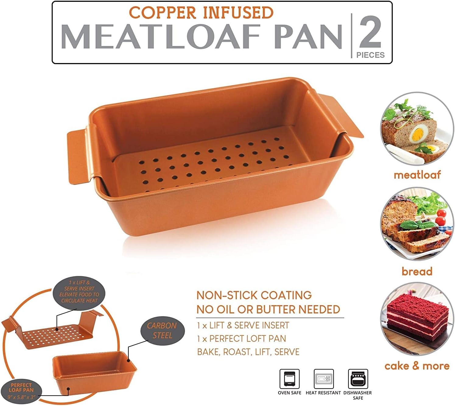 Nonstick Meatloaf Pan with Drain Tray, 2-Piece Meatloaf Pan Set, Copper Coating Loaf Pan with Removable Insert for Grease Draining, Healthy Cooking Bakeware