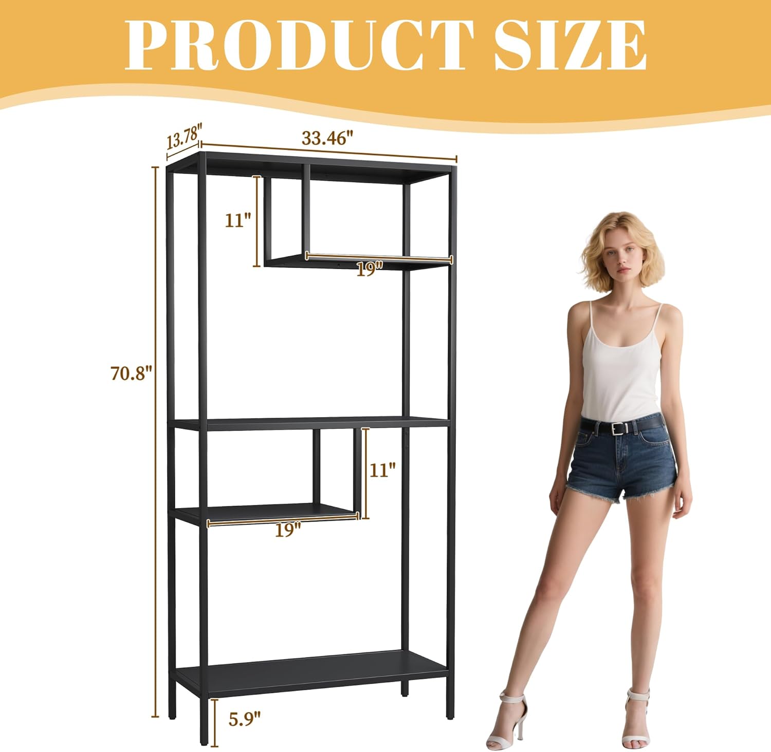 4 Tier Metal Shelves, Modern Shelf for Home & Office, Industrial Bookshelf with Sturdy Steel Frame, Tall Shelf Perfect for Living Room and Workspace, Require Assembly