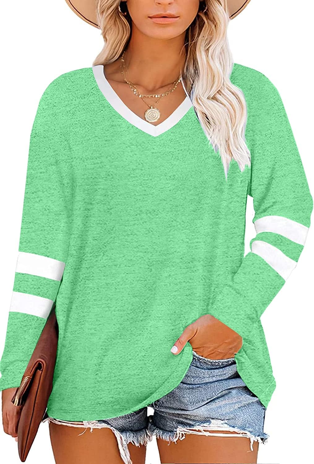 Haloumoning Women's Plus Size Tops Striped Long Sleeve V neck T Shirts Color Block Casual Tunics Tee Shirt