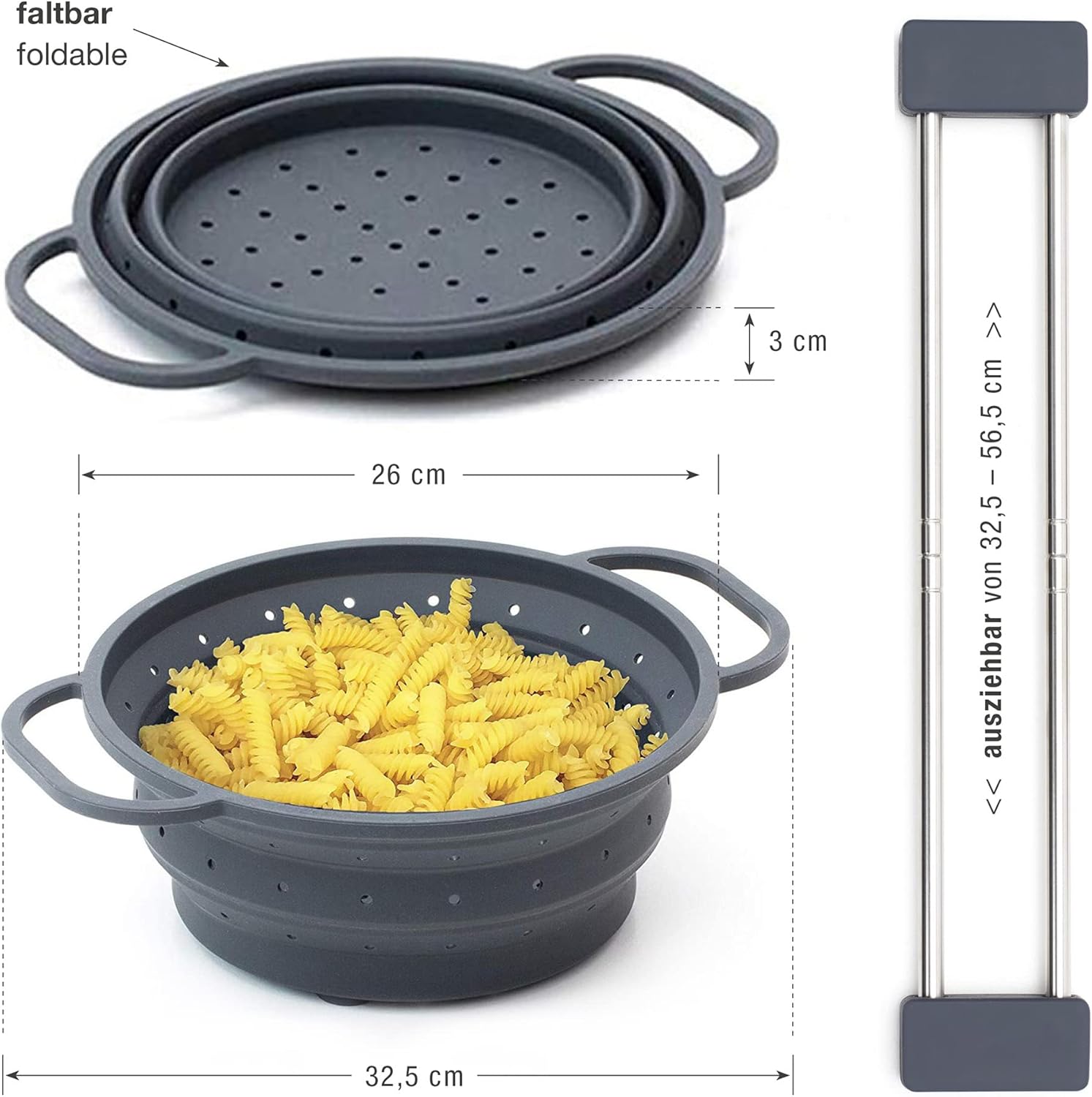 Sanni Shoo Bundle drip.line + sieb.up | Pure drip Tray/Rack, Multifunctional, Extendable, Telescopic Kitchen Rack and Foldable and Space-Saving Kitchen Silicone Collapsible Colander Ø 10.3" / 26 cm