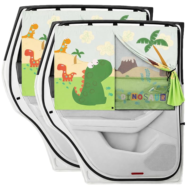 Protetor solar magnético de janela lateral traseira para carro, com dupla camada e estampa de dinossauro EZTIME, verde, 2 unidades