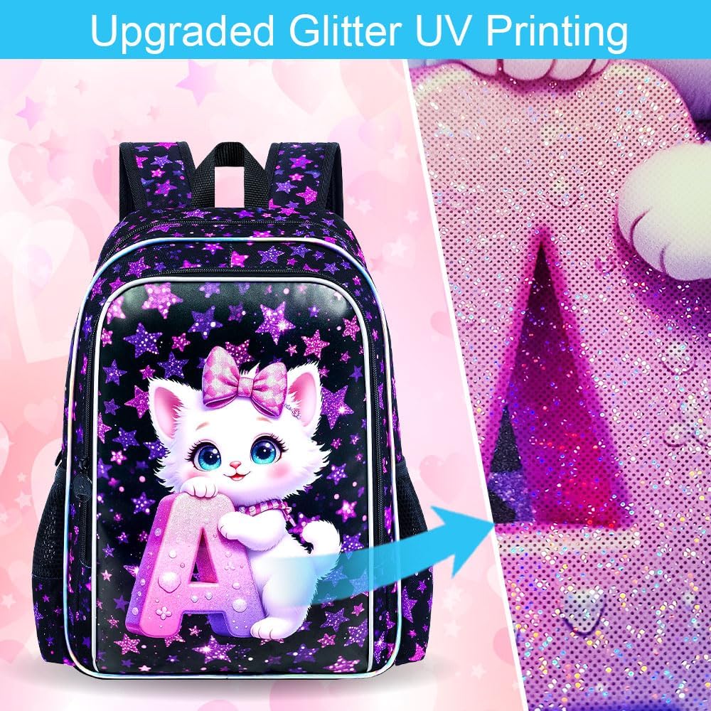 CCJPX 16" Cat Backpack for School, 3Pcs Girls Kids Bookbag with Lunch Box, Water Resistant Elementary School Bag for Kindergarten Preschool Toddler (Black)