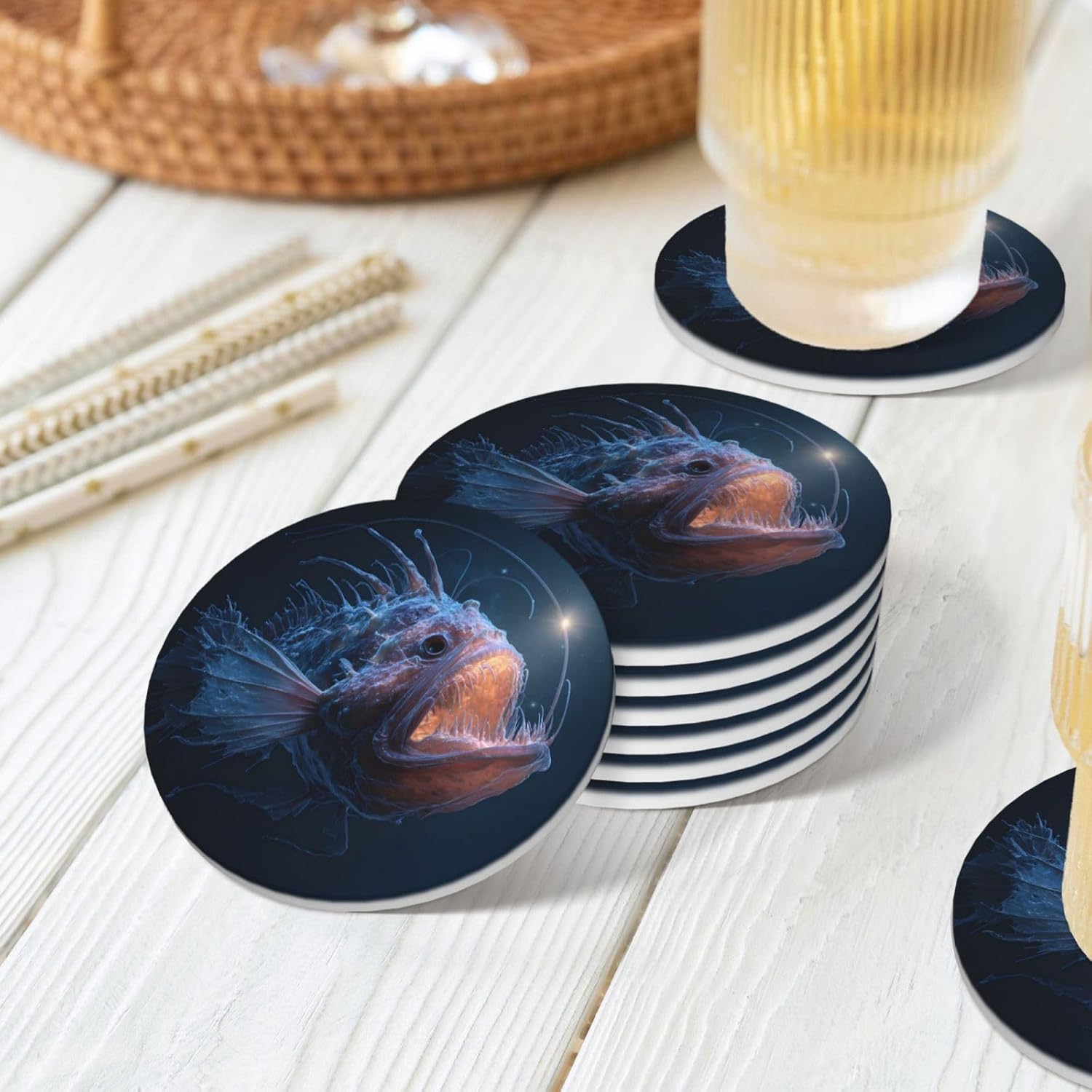 (Deep-sea Anglerfish) Ceramic Coasters Set of 6 with Holder Non-Slip Round Coffee Coasters for for Cup Mug Drink Patio Coffee Table Decor, Christmas Coasters Home Bar Supplies