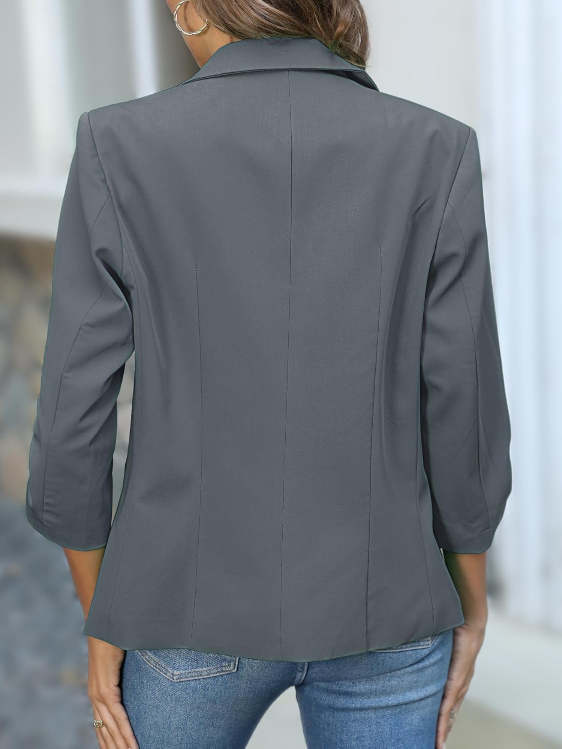 ELLEVEN Women's Ruched 3/4 Sleeve Blazers, Lightweight Slim Fit Jackets with Padded Shoulder for Business Casual - Image 3