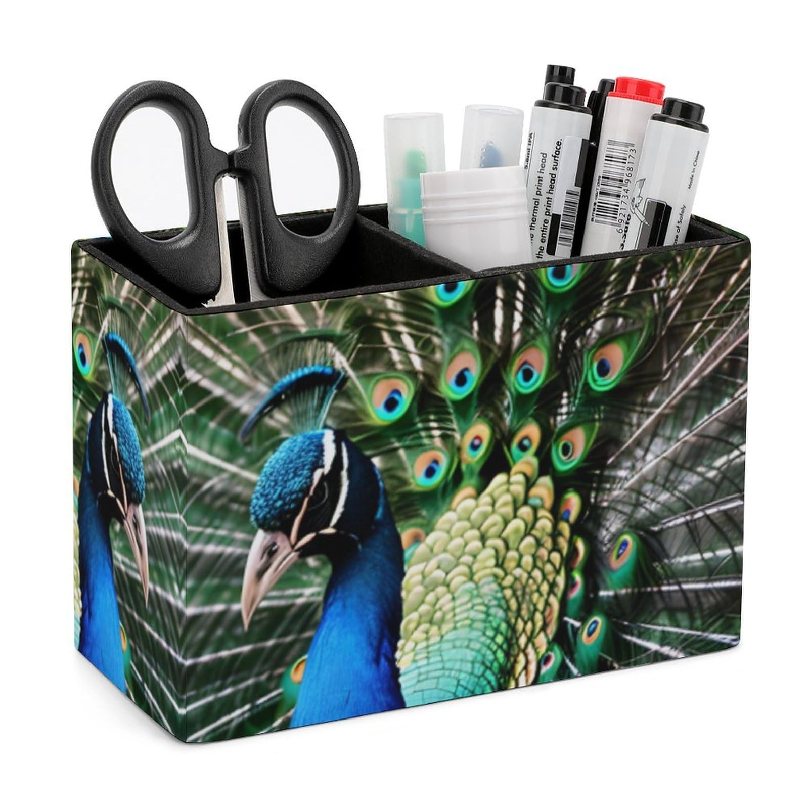 LZQPOEAS Exquisite Patterns PU Leather Pen Holder, Multifunctional Desktop Organizer Caddy with 2 Compartments, Peacock Pencil Cup Makeup Brush Holder for Office Home