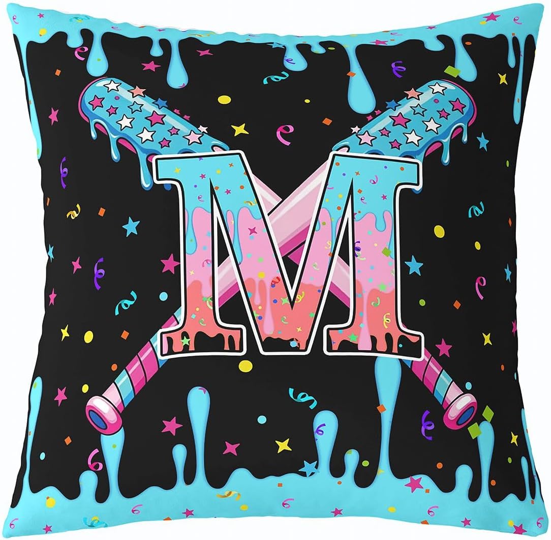 jejeloiu 16 x 16-Inch Set of 4 Baseball Decor Pillowcase Boys Girls Baseball Gaming Throw Pillow Covers for Kids Ultra Personalized Initial Letter M Cushion Case Sports Theme Room Decor Microfiber
