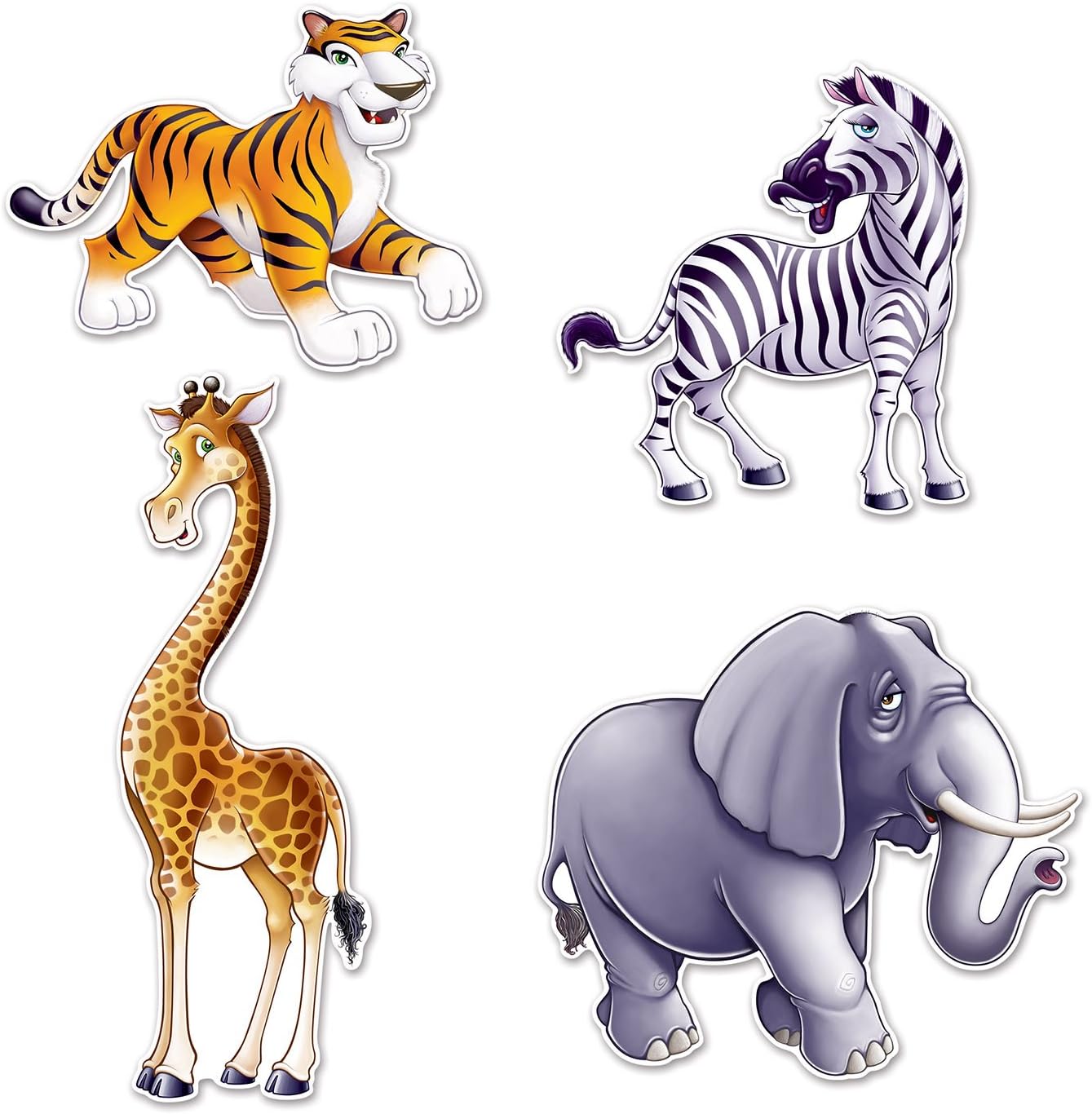 Beistle Jungle Animal Cutouts โ 4-Pack Double-Sided Safari Decorations Featuring Giraffe Elephant Zebra and Tiger โ Wall Dรฉcor for Jungle Theme Birthday Party or Classroom Display โ 15ยฝ"โ25"