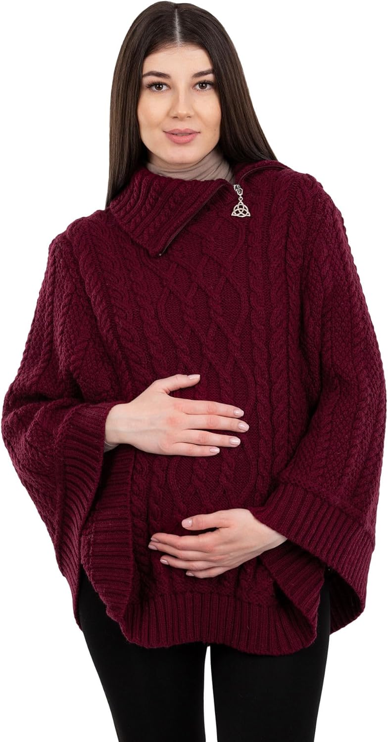SAOL Pregnancy Ladies Poncho 100% Merino Wool, Cowl Neck Zipper, Made in Ireland