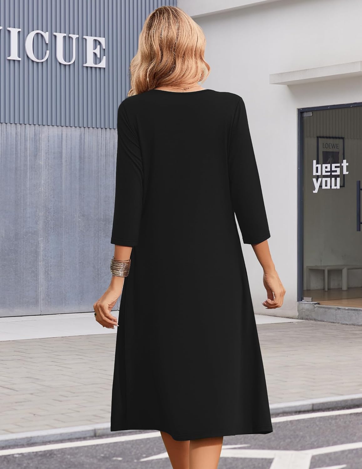Zeagoo 3/4 Sleeve Women's Dress Casual Midi Tshirt Dresses with Pockets Empire Waist Summer Semi-Formal Boho Beach Sundress - Image 4