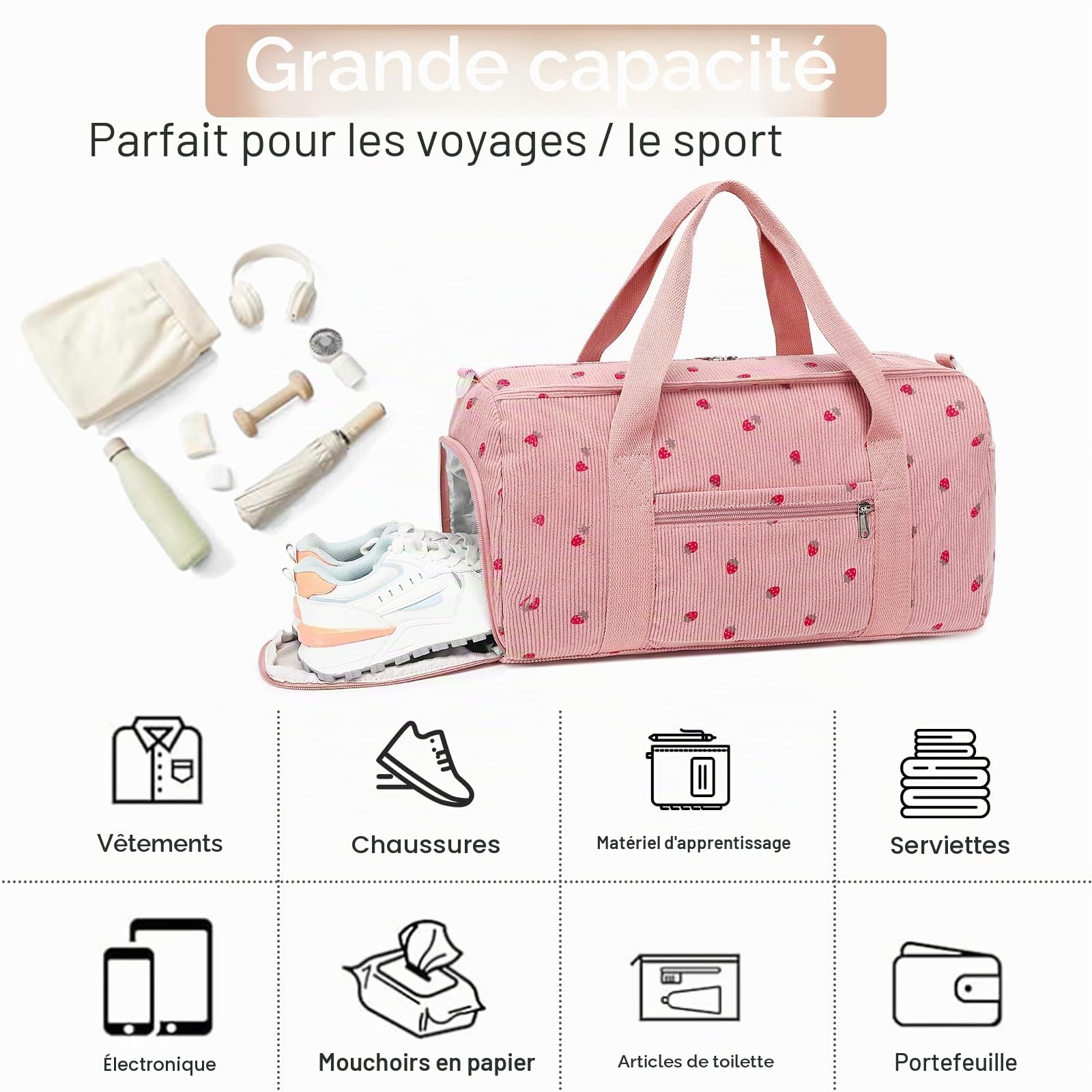 Sac de sport LEDAOU enfant compartiment chaussures humide velours côtelé rose fraise 46x22x23 cm