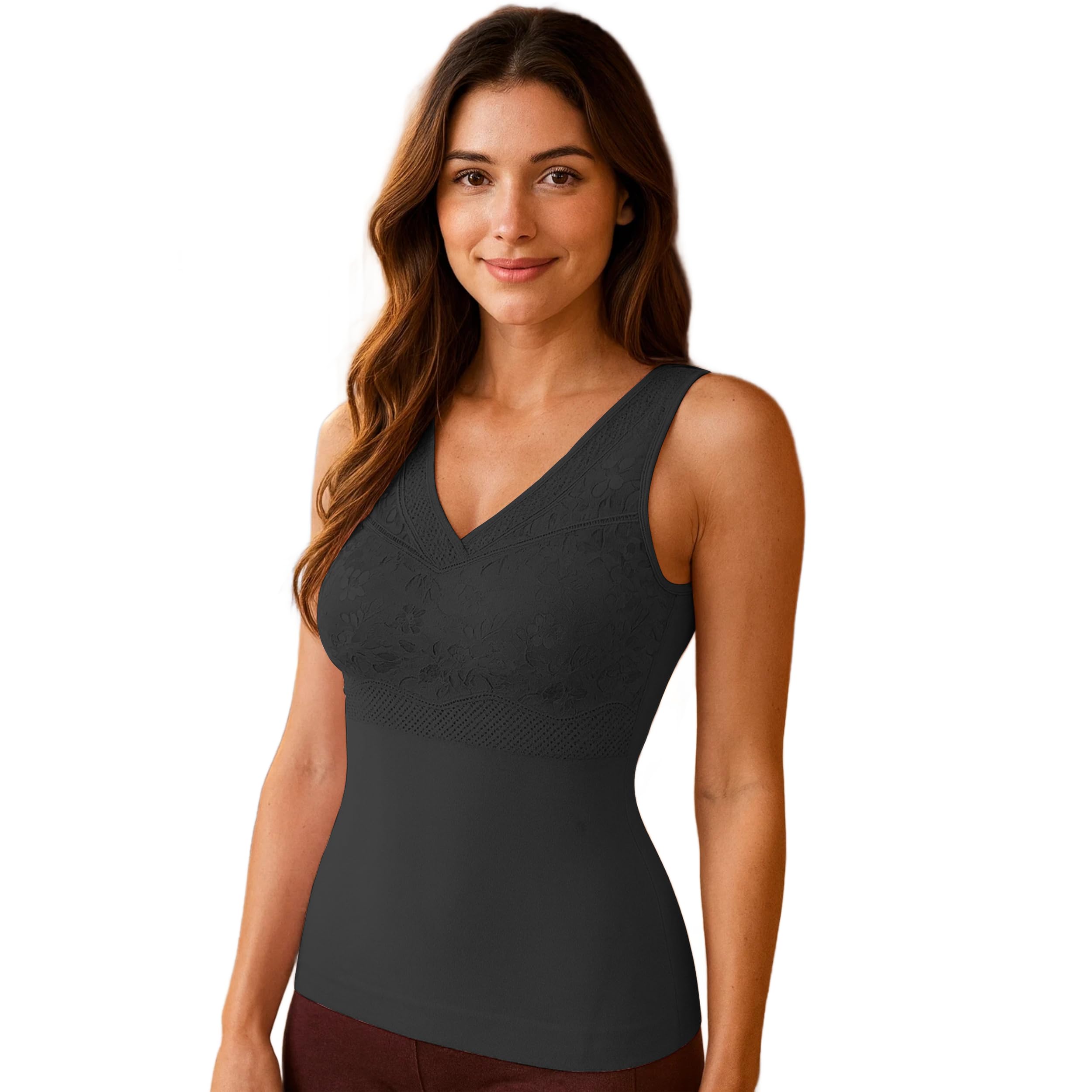 Women Soft Floral Lace & Solid Warm Thick Ribbed Thermal Sleeveless Vest Camisole Stretchable Comfortable Tank Top