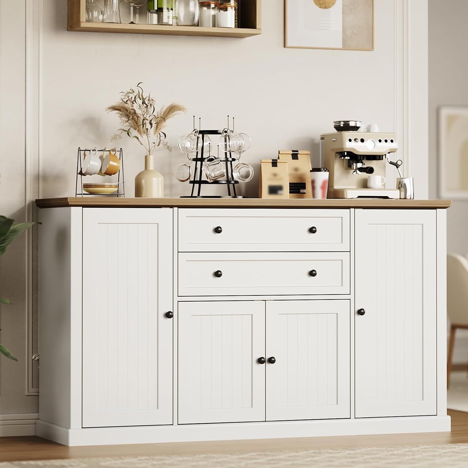 gaomon 58" sideboard buffet cabinet with storage with 4 doors & 2 drawers, farmhouse wood cupboard kitchen pantry storage cabinet coffee bar station for kitchen, living room, dining room white wood