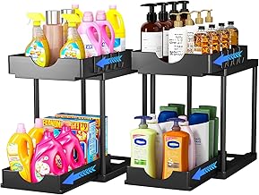 Kitchen Organiser Kitchen Cabinet Organiser - 2 Pieces Pullable, 2 Tier Kitchen Storage Under Sink, Under Cabinet Organiser with Hooks, for Bathroom, Kitchen, Worktop, Black