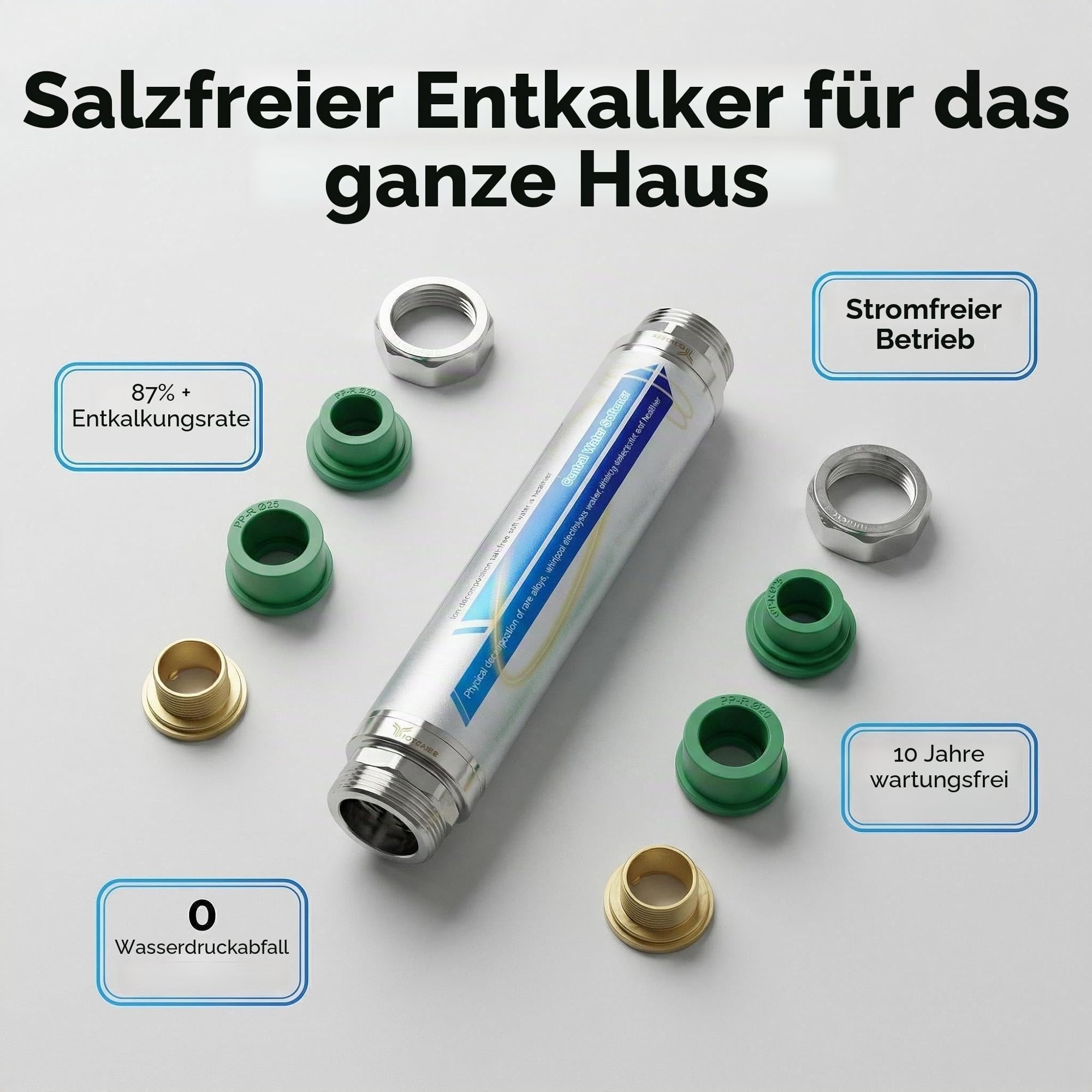 Salzfreier Wasserentkalker für das ganze Haus, 4-in-1-Rohradapter, Wasserentkalker-System, 1,9 cm NPT, verhindert Kalk in Rohren, Warmwasserbereitern und Boilern, 10 Jahre Haltbarkeit, kein Salz oder