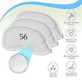 All Teed Up Premium Magnetic Leather Iron and Wedge Golf Club Head Covers | Set of 10 | Fits Most Clubs | Embroidered Club Label on Both Sides of Club Head Cover (White 52,56,60 (Set of 3))