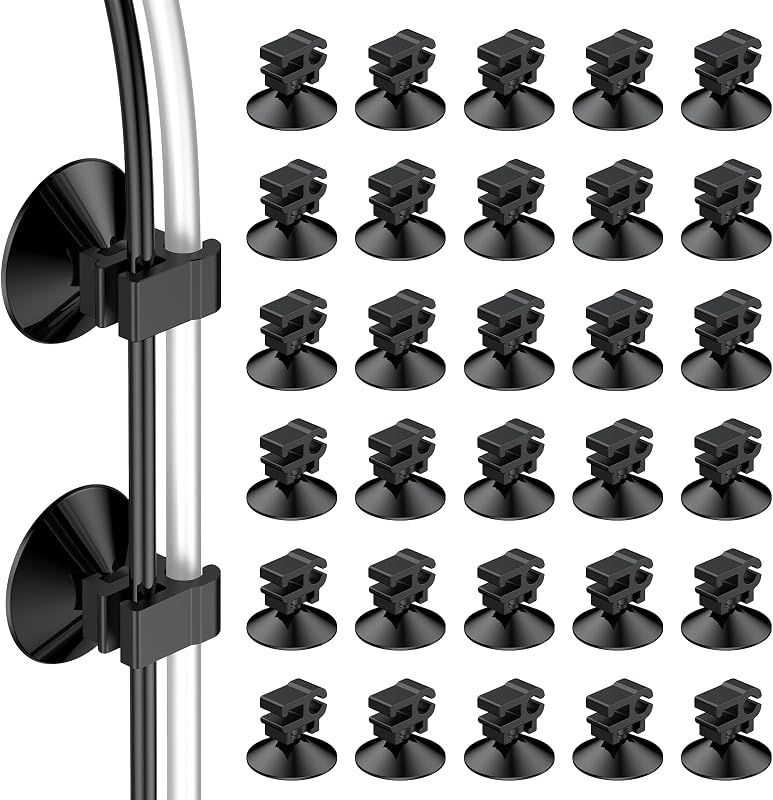 Presilhas com Ventosa para Mangueira e Cabos de Aquário Pawfly, Silicone e ABS, Preta, Pacote com 30