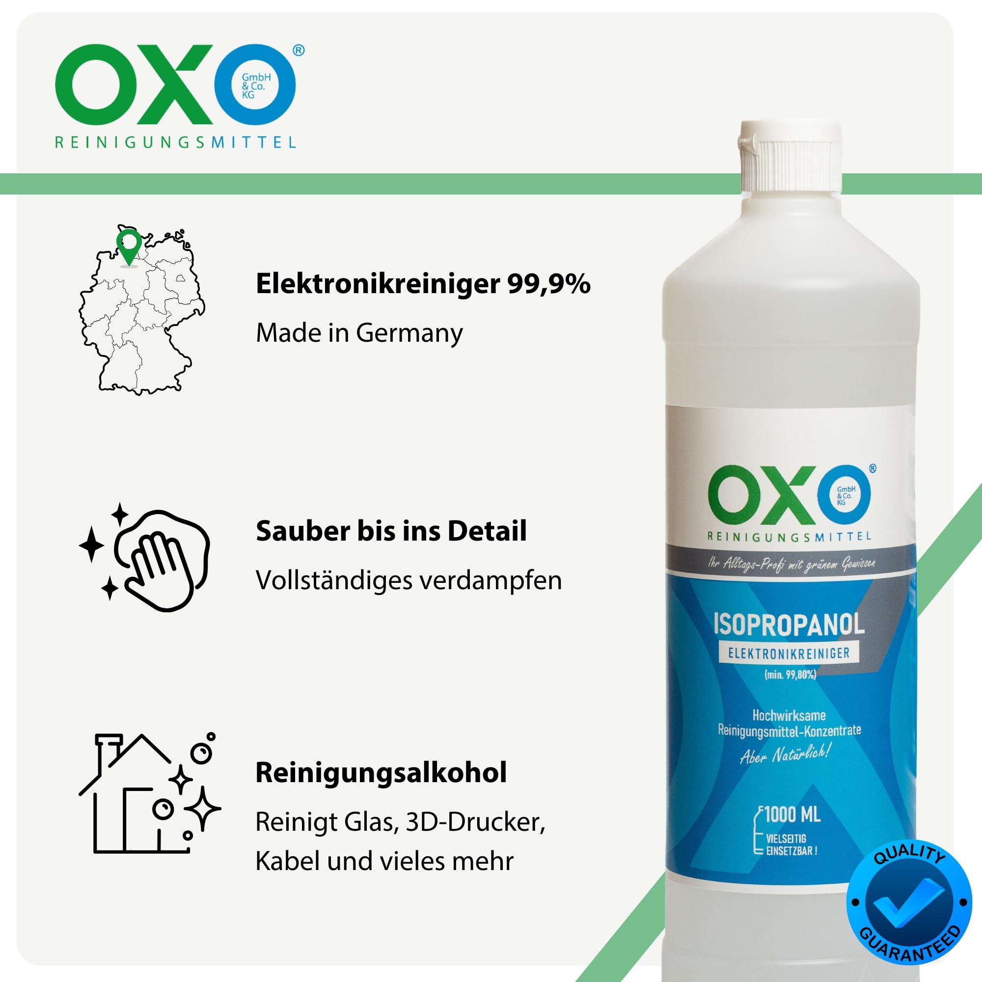 Reinigungsmittel 99,9% Elektronikreiniger Isopropylalkohol IPA-Reinigungsalkohol für Haushalt, Glas und Elektronik Made in Germany 1 Liter 1er Pack