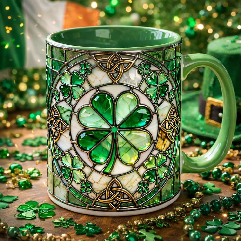 Personalized Irish Shamrock Mug, St. Patricks Day Initial Mug, Custom Name Coffee Cup, St. Paddys Day Gift, Lucky four Leaf Clover Coffee Cup 004