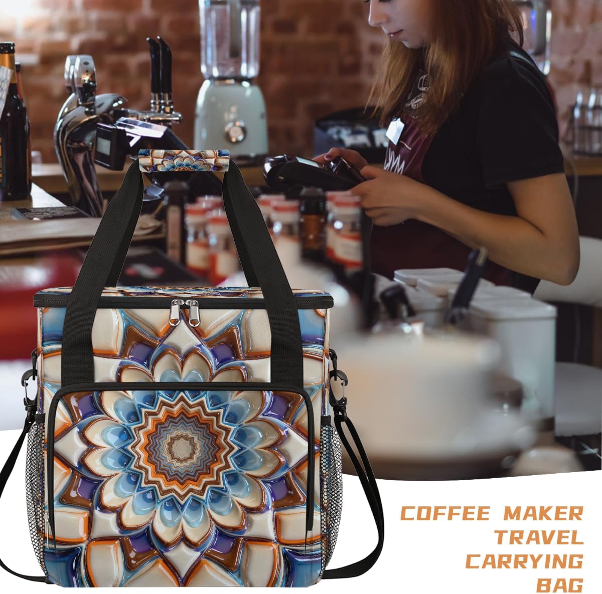Mandala Design Portable Coffee Maker Carrying Bag Compatible with Keurig K-Mini/K-Mini Plus - Travel Storage Tote with K-Cup Pod Pockets for Single Serve Coffee Brewer