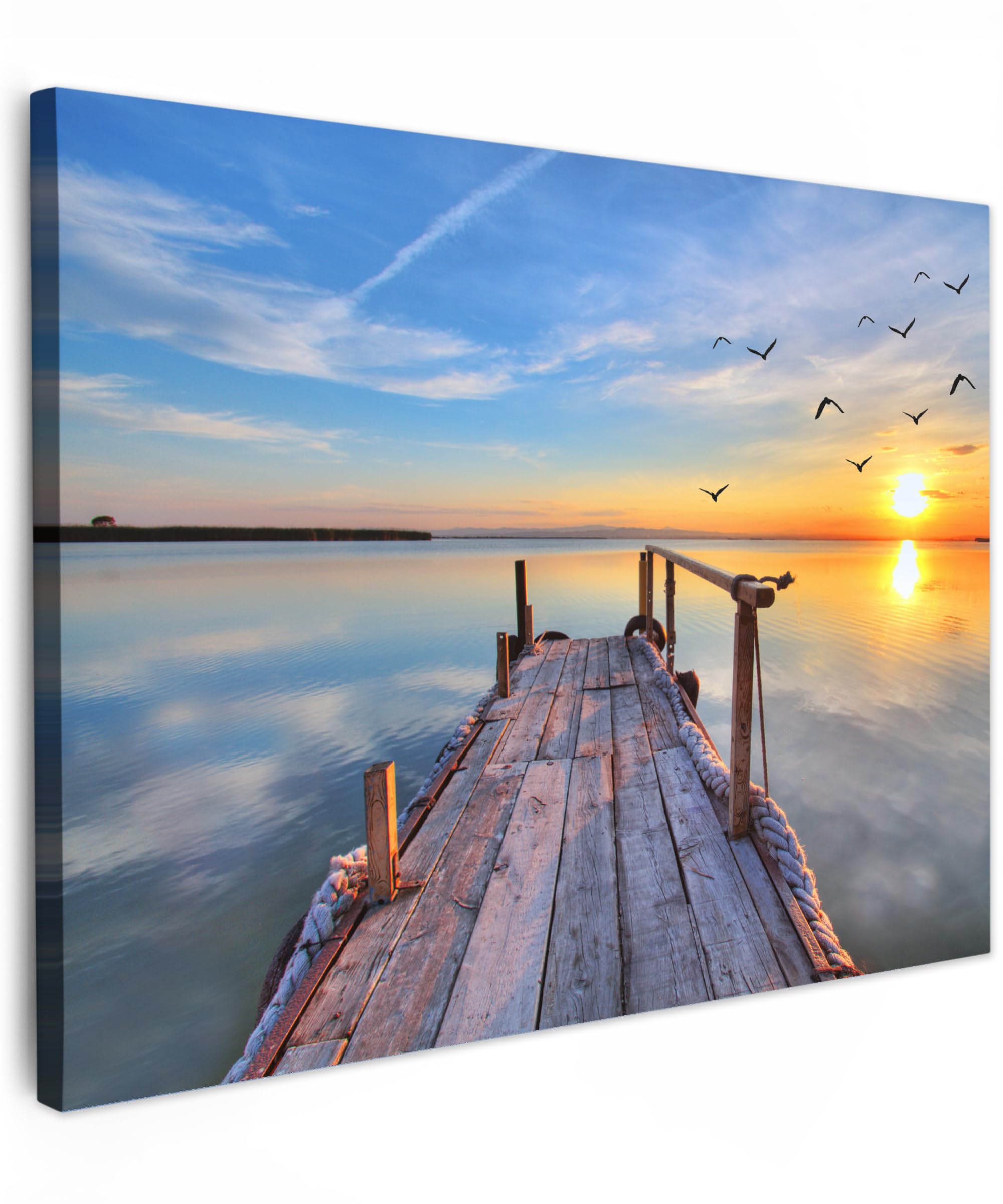 MuchoWow© Wandbilder 40x30 cm Wohnzimmer Wanddeko Schlafzimmer Zimmerdeko Fotowand Zimmer Deko Wand Dekoration Wall Art Bilder Natur - Wasser - Steg - Vögel - Sonnenuntergang - Horizont