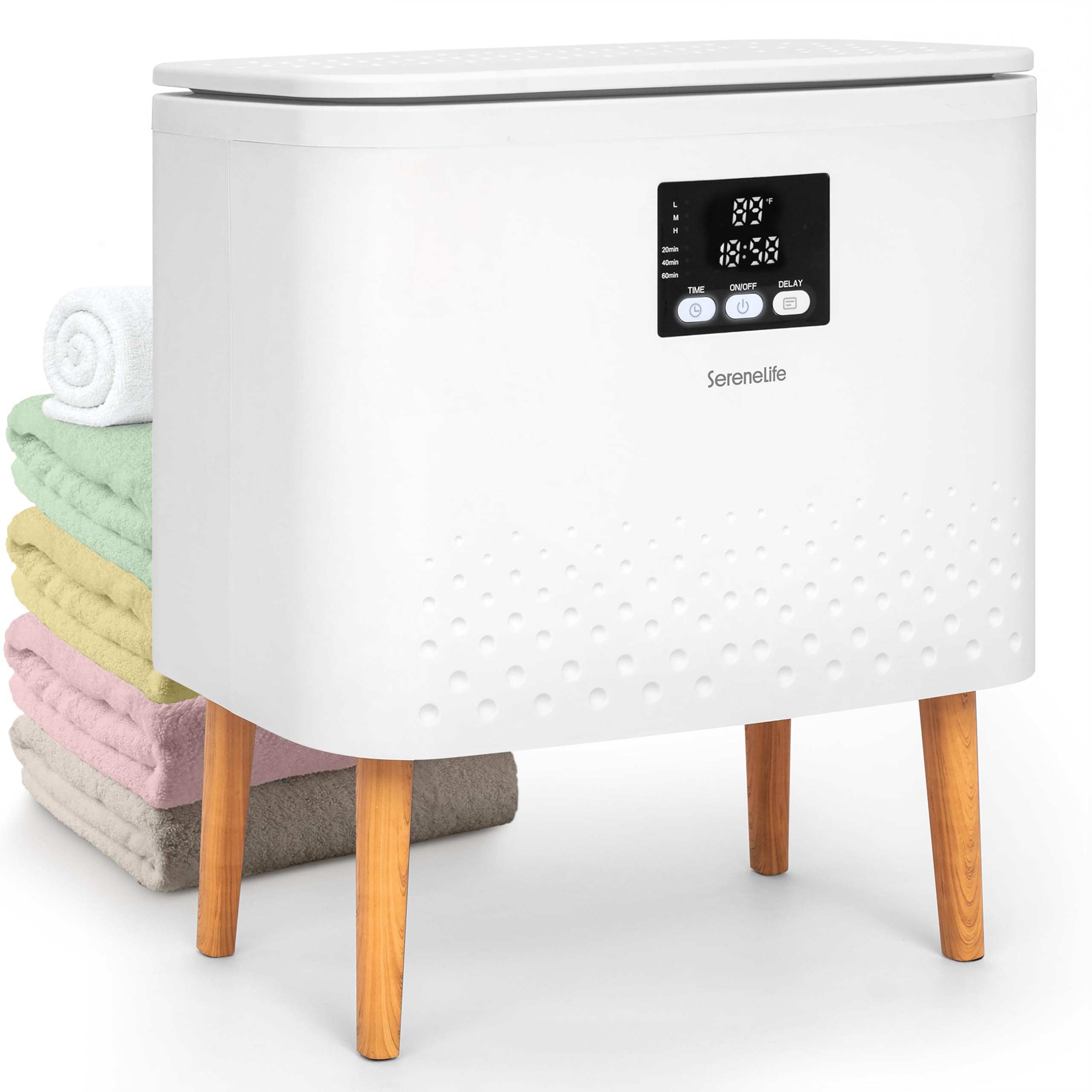 SereneLife Handtuchwärmer Eimer- 20L Elektrisch Stehend, Handtuchtrockner und Deckenwärmer mit Timer und Temperaturregelung, Weiß/Natural Design
