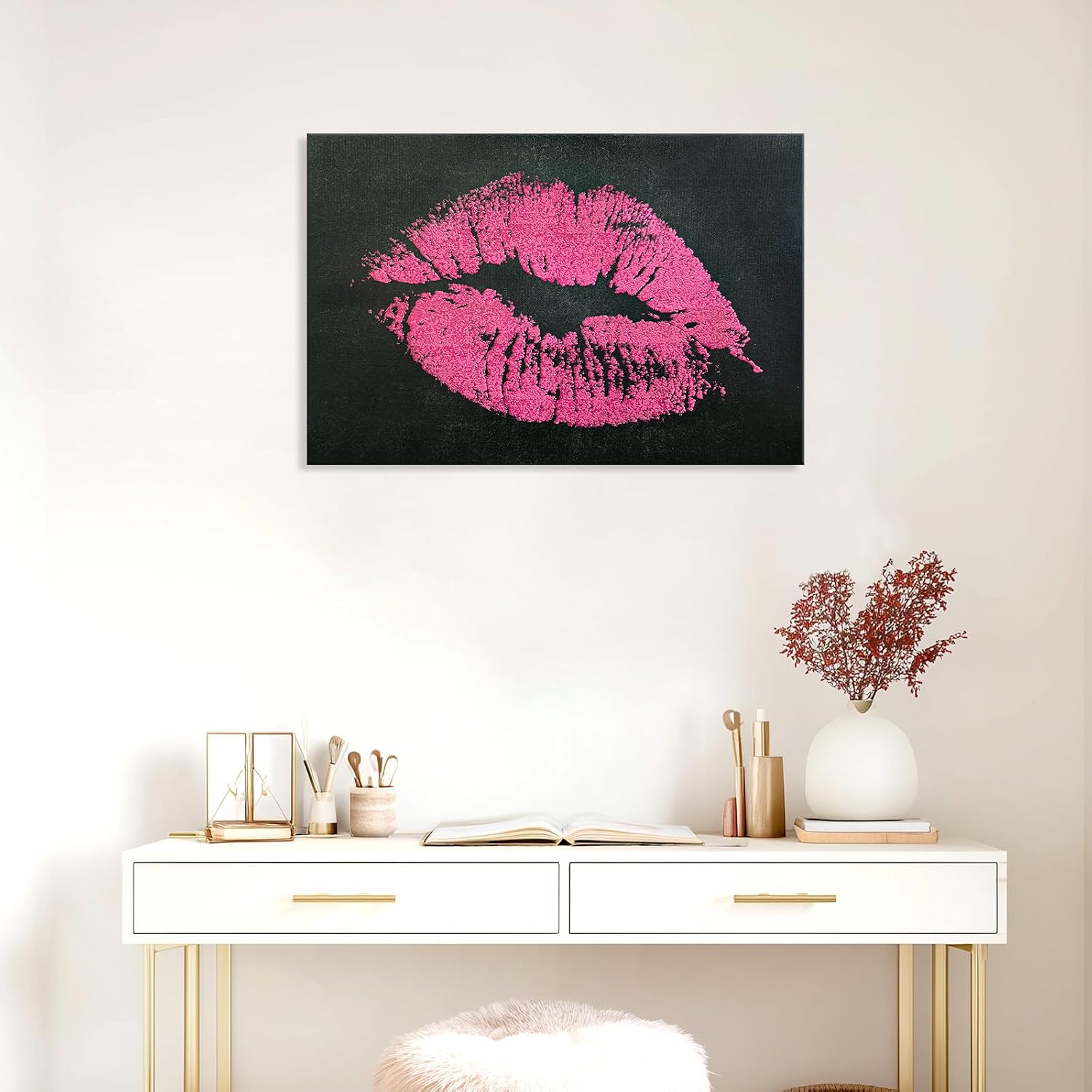 llribbons Pink Lips Canvas Wall Art Fashion Sexy 3D Textured Glitter Lip Print Painting Makeup Room Wall Decor Hand Painted Modern Glam Poster for Living Room Bedroom Bathroom Decor Framed 12" x 16"