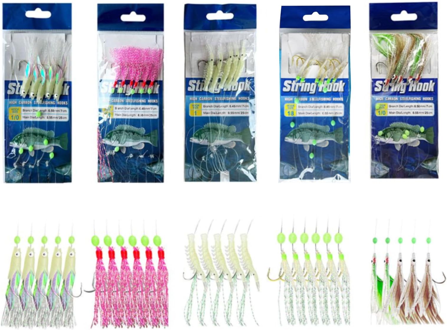 EWAN'S 5 Pcs Pre Tied String Fishing Hook with Bionics Lures Bait Rigs,Carbon Steel Barbed 5 Hooks set with Quick Swivels Snaps and Glow Rigs Beads,Sabiki Flasher Fish Bites Bait