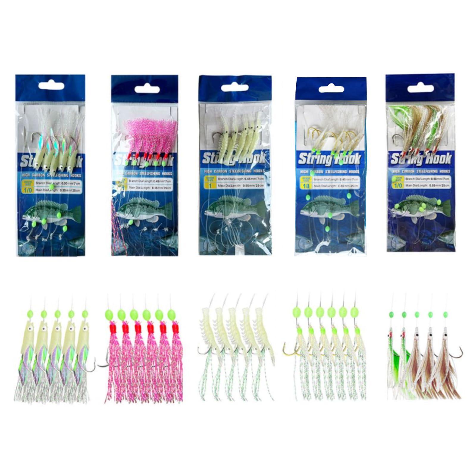 EWAN'S 5 Pcs Pre Tied String Fishing Hook with Bionics Lures Bait Rigs,Carbon Steel Barbed 5 Hooks set with Quick Swivels Snaps and Glow Rigs Beads,Sabiki Flasher Fish Bites Bait