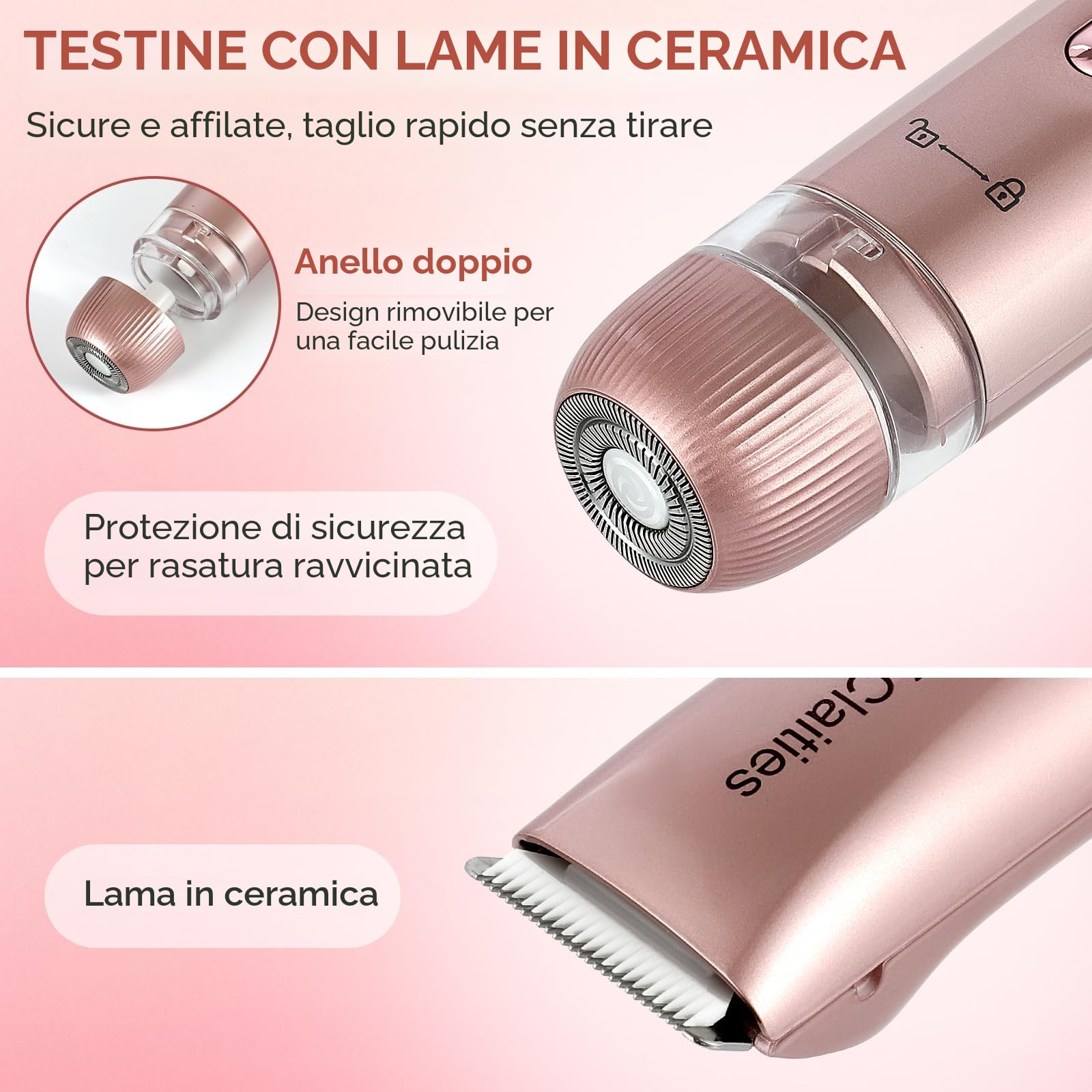 Rasoio elettrico da donna 2 in 1 per bikini a doppia testa, IPX7, impermeabile, per uso bagnato e asciutto, per rimuovere i peli del corpo e il viso, per bikini, ascelle, gambe, braccia, corpo viso