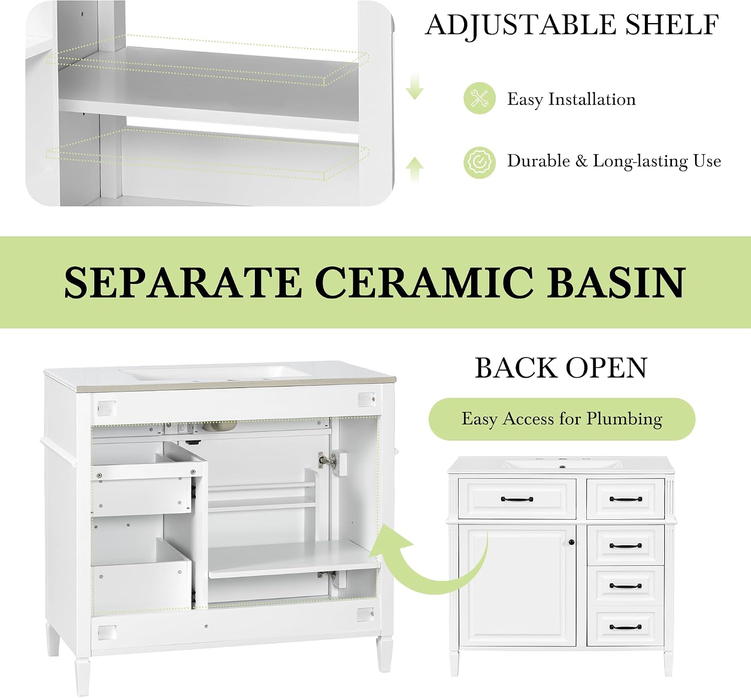 Mirightone 36" Bathroom Vanity with Sink, Bathroom Vanities 36 in with Sink, Single Sink Bathroom Vanity with 2 Flip-Out Drawers, 2 Side Drawers, Door Rack and Adjustable Shelf (White)