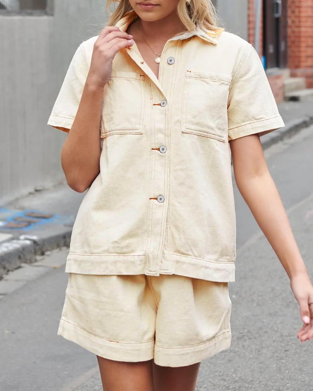 Kedera Summer Denim Set for Women 2 piece Casual Short Sleeve Boxy Shirt Tops and Shorts Pants Lounge Sets Outfits - Image 7