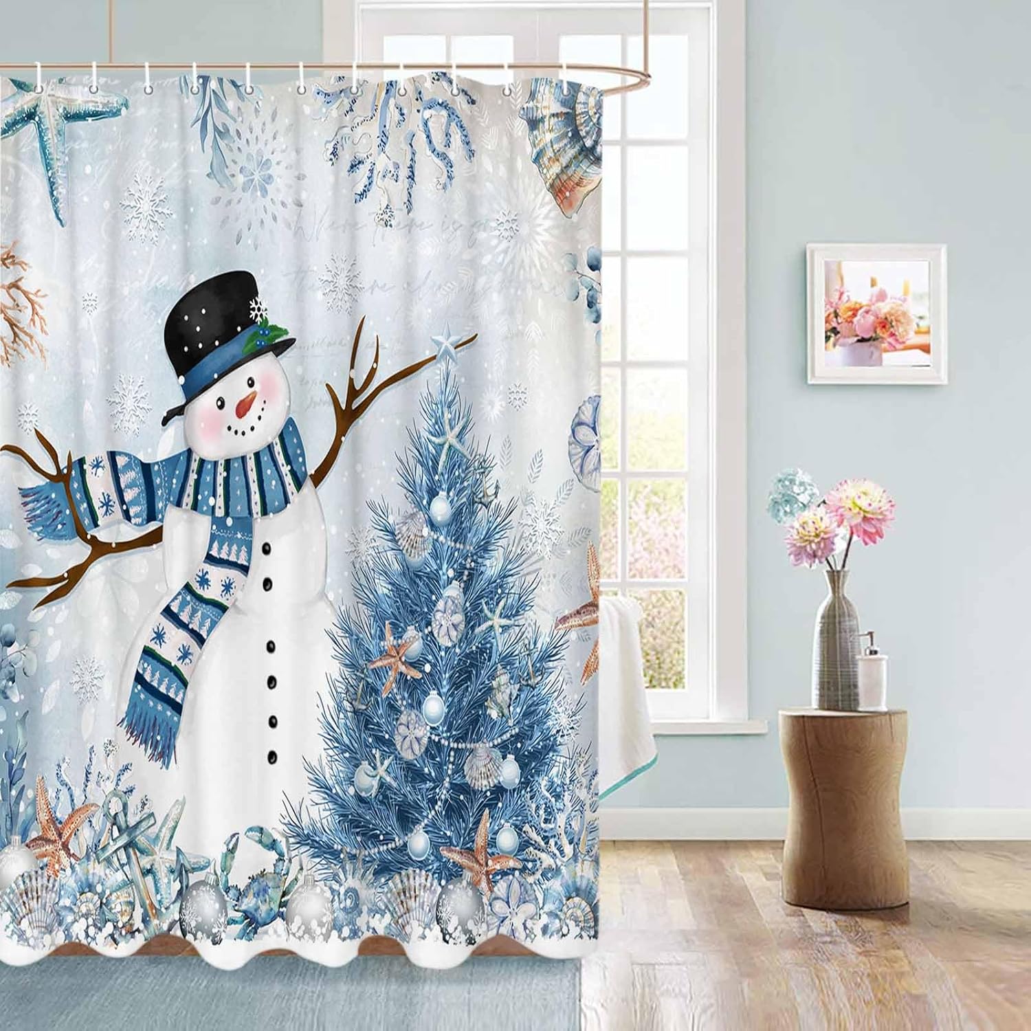 Coastal Christmas Waterproof Shower Curtain Set - Extra Long 72x84 In, Blue Snowman Xmas Tree Polyester Fabric Bathroom Curtain with 12 Hooks, Ocean Nautical Starfish Coral Bathroom Accessories