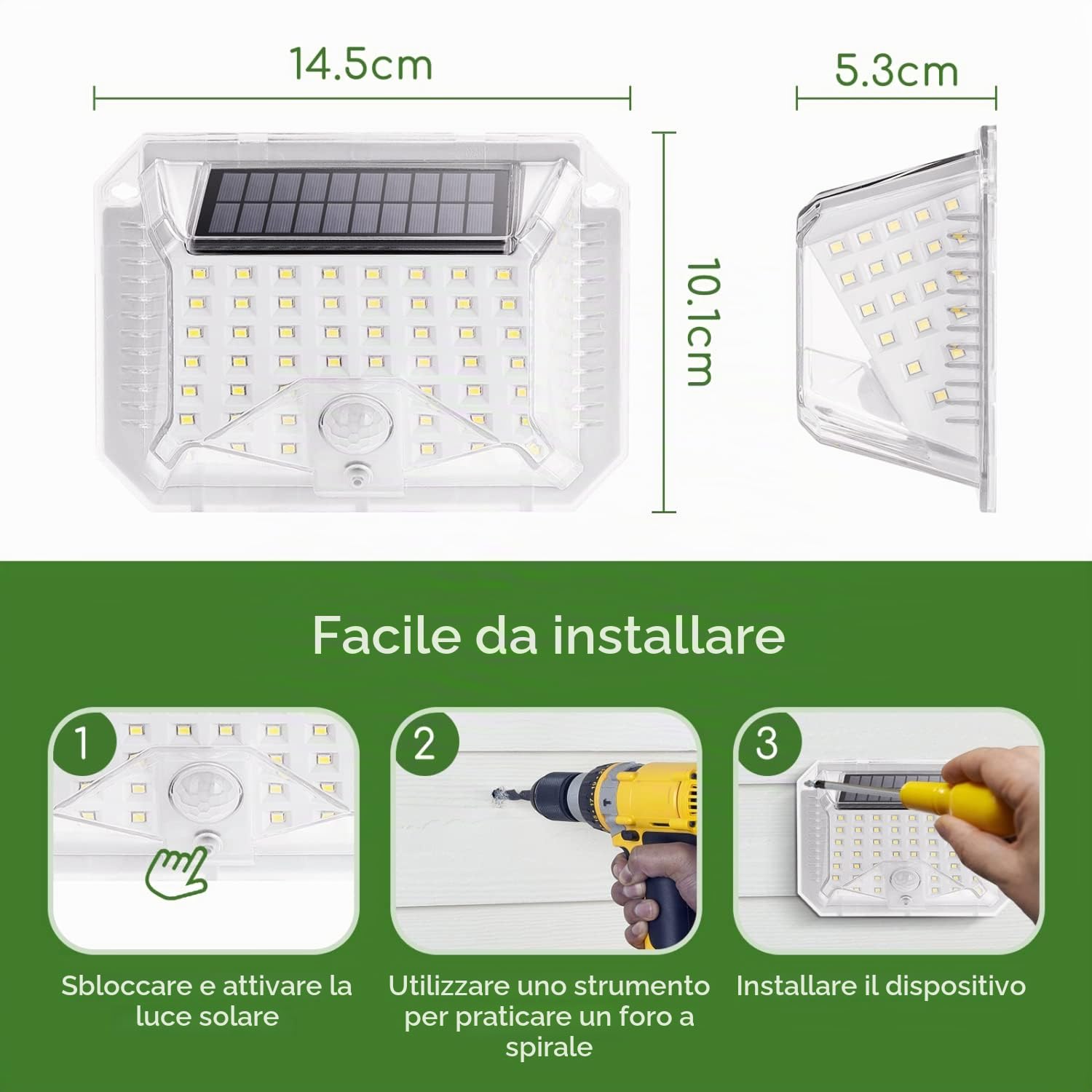 Aigostar Luce Solare LED Esterno Faretti Solari a Led da Esterno Lampada da Esterno con Sensore di Movimento IP65 Impermeable 3 Modalità per Giardino, Parete Wireless Risparmio Energetico 8 pezzi