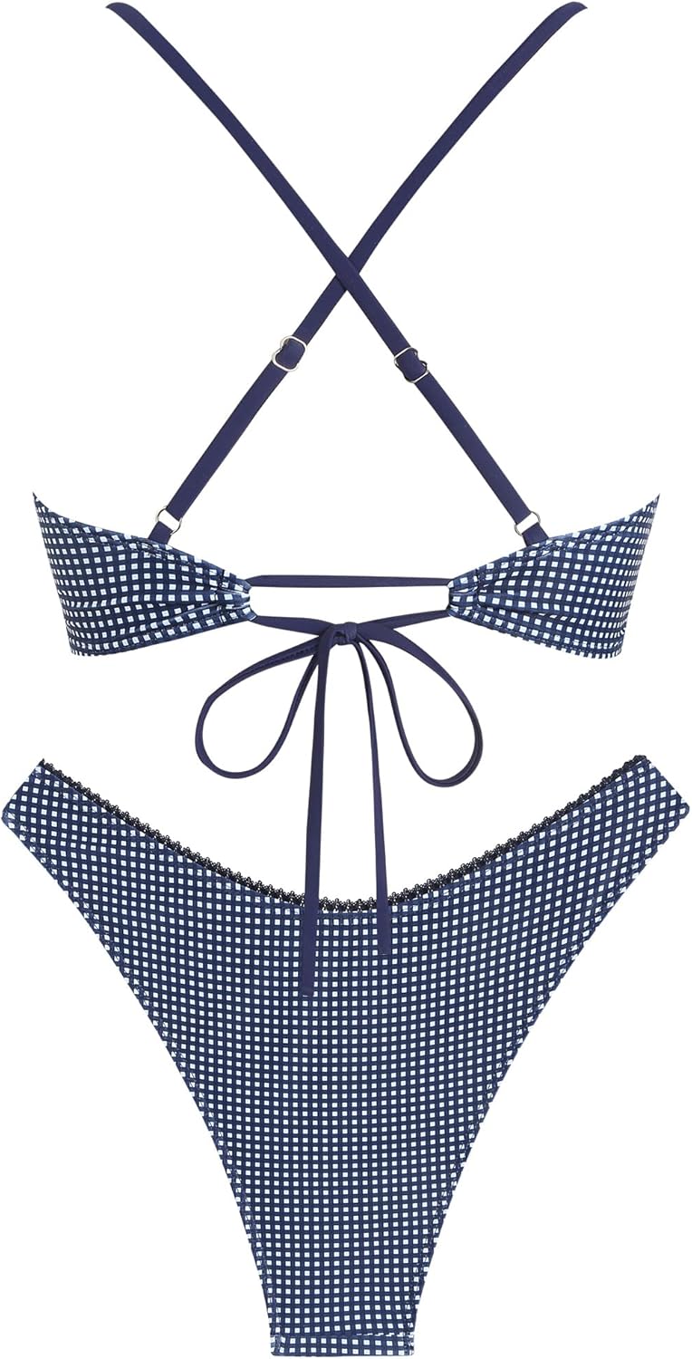 ZAFUL Women's V Neck Bikini Set High Waisted Swimsuits Lace Up Bow Decor Cheeky Two Piece Bathing Suit