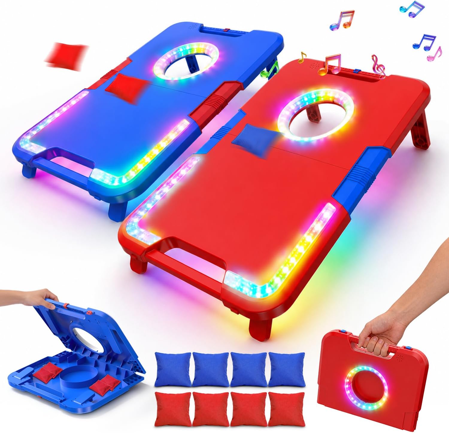 Kids Cornhole Board Set with LED Lights & Sound Effects,Cornhole Games with 2 Foldable Boards & 8 Bean Bags,Portable Outdoor Toss Game for Backyard,Camping,Party Toys for Kids,Teens,Family