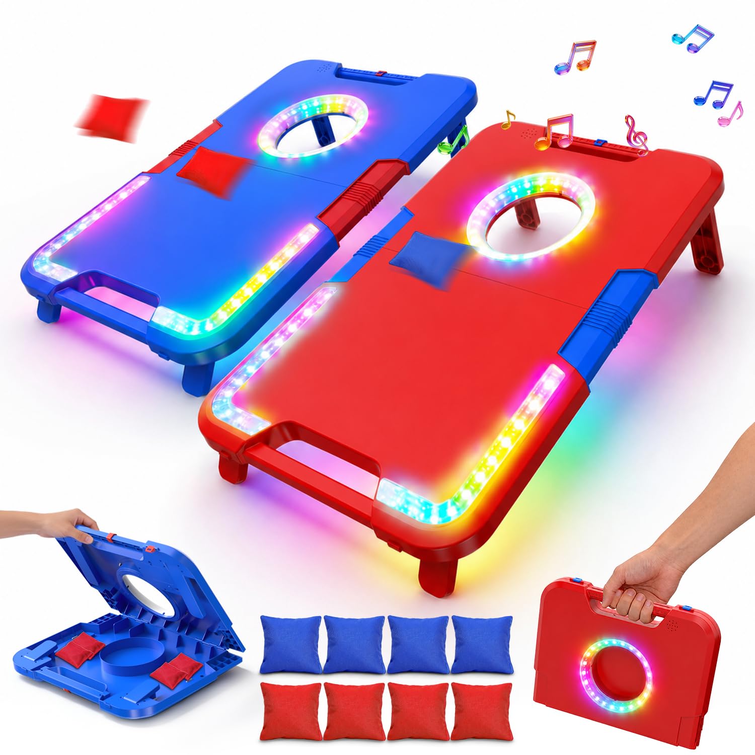 TERRAMUS Kids Cornhole Board Set with LED Lights & Sound Effects,Cornhole Games with 2 Foldable Boards & 8 Bean Bags,Portable Outdoor Toss game for Backyard,Camping,Party Toys for Kids,Teens,Family