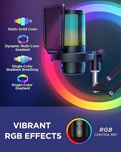 Miniatura 5 de InnoGear Micrófono USB para juegos, micrófono condensador con cancelación de ruido con silencio, ganancia, indicador RGB, soporte de brazo para