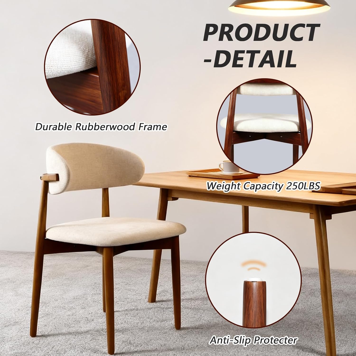 Modern Mid-Century Dining Chairs Set of 2, Cream Upholstered Fabric with Wooden Legs, Kitchen and Living Room Side Chairs