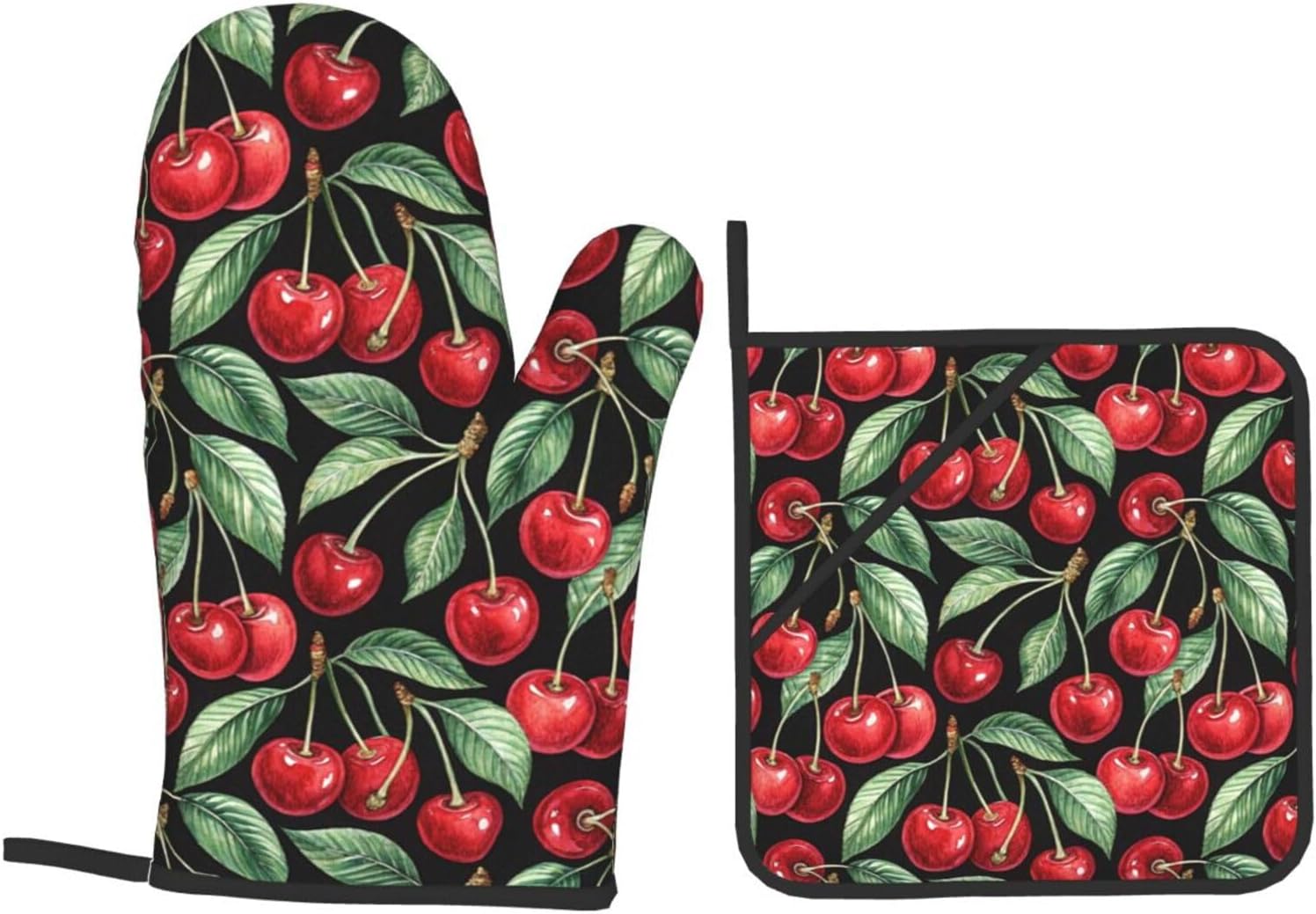 Red Cherry Oven Mitts and Pot Holders Set of 4pcs Heat Resistant Non-Slip Oven Gloves Hot Pads for Kitchen Cooking Baking Grilling BBQ - Image 7