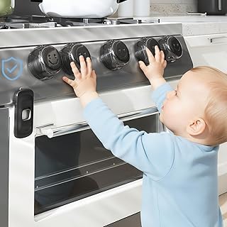 Stove Knob Safety Covers, (5+1Pack) Dual-Lucks Oven Knob Covers for Child Safety, Clear Vies, Universal Size (Black)