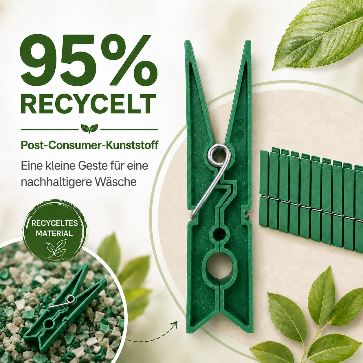Today Eco – 40 Wäscheklammern aus 95 % recyceltem Post-Consumer-Kunststoff – Großes Format, rostfrei, widerstandsfähig und windfest