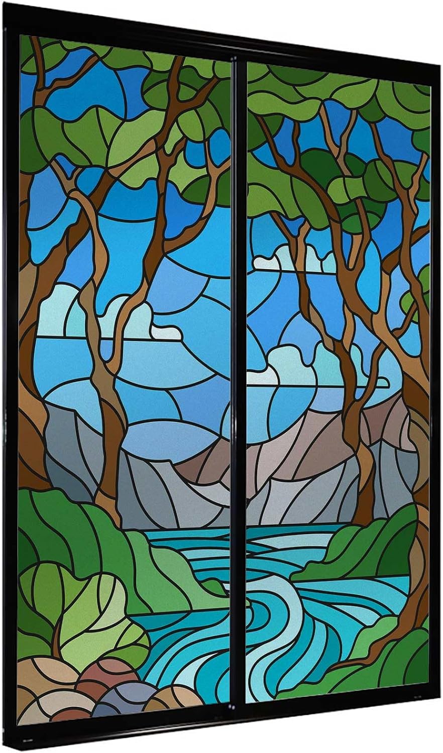 Stained Glass Window Film Green Blue Vinyl 3D Window Decals