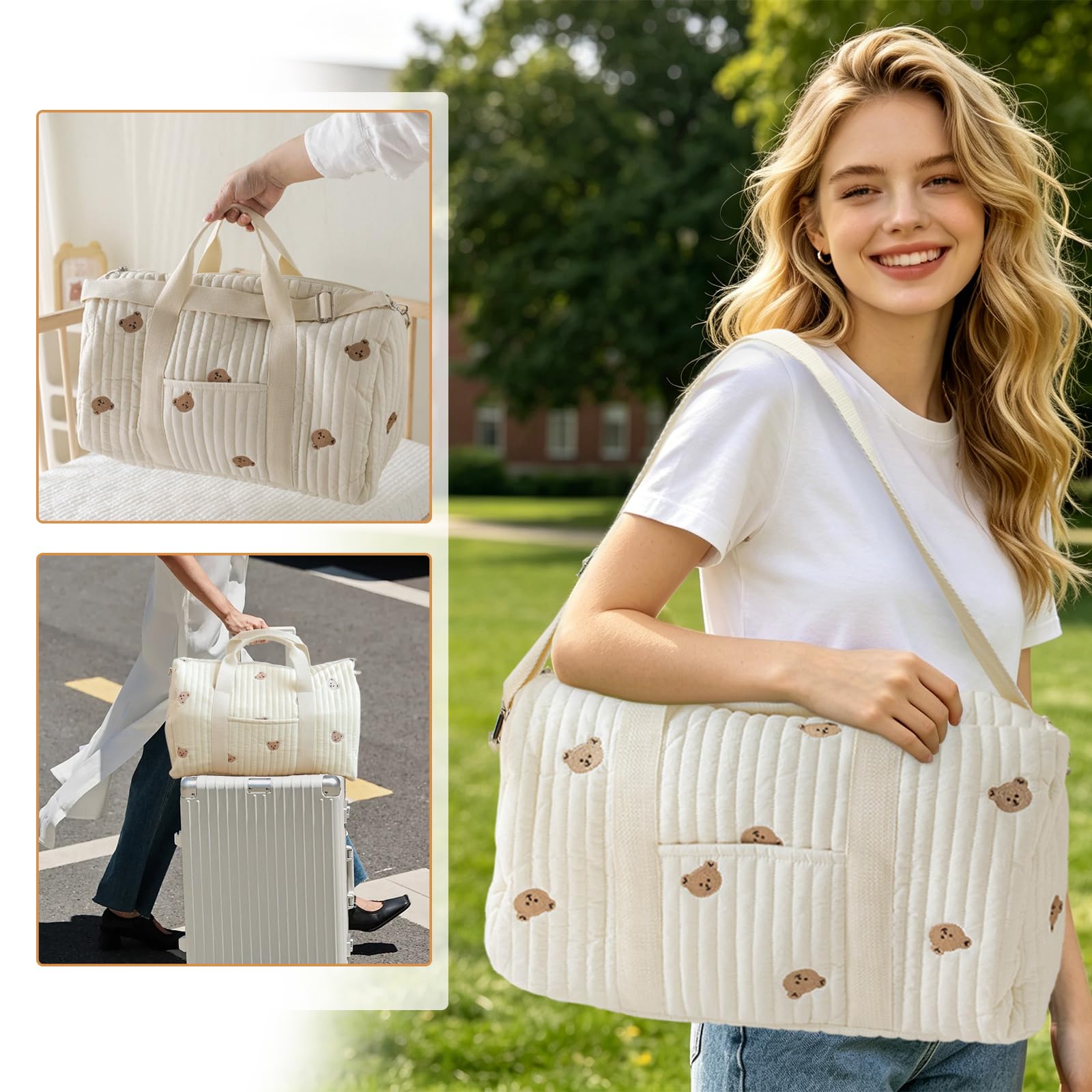 Sac a Langer Sac Maternité Grande, Change Bebe Mommy Bag Matelassé, Voyage pour Bébé, Mommy Bag en Coton Brodé, Idéal pour Accouchement à l’Hôpital, Voyage & Poussette
