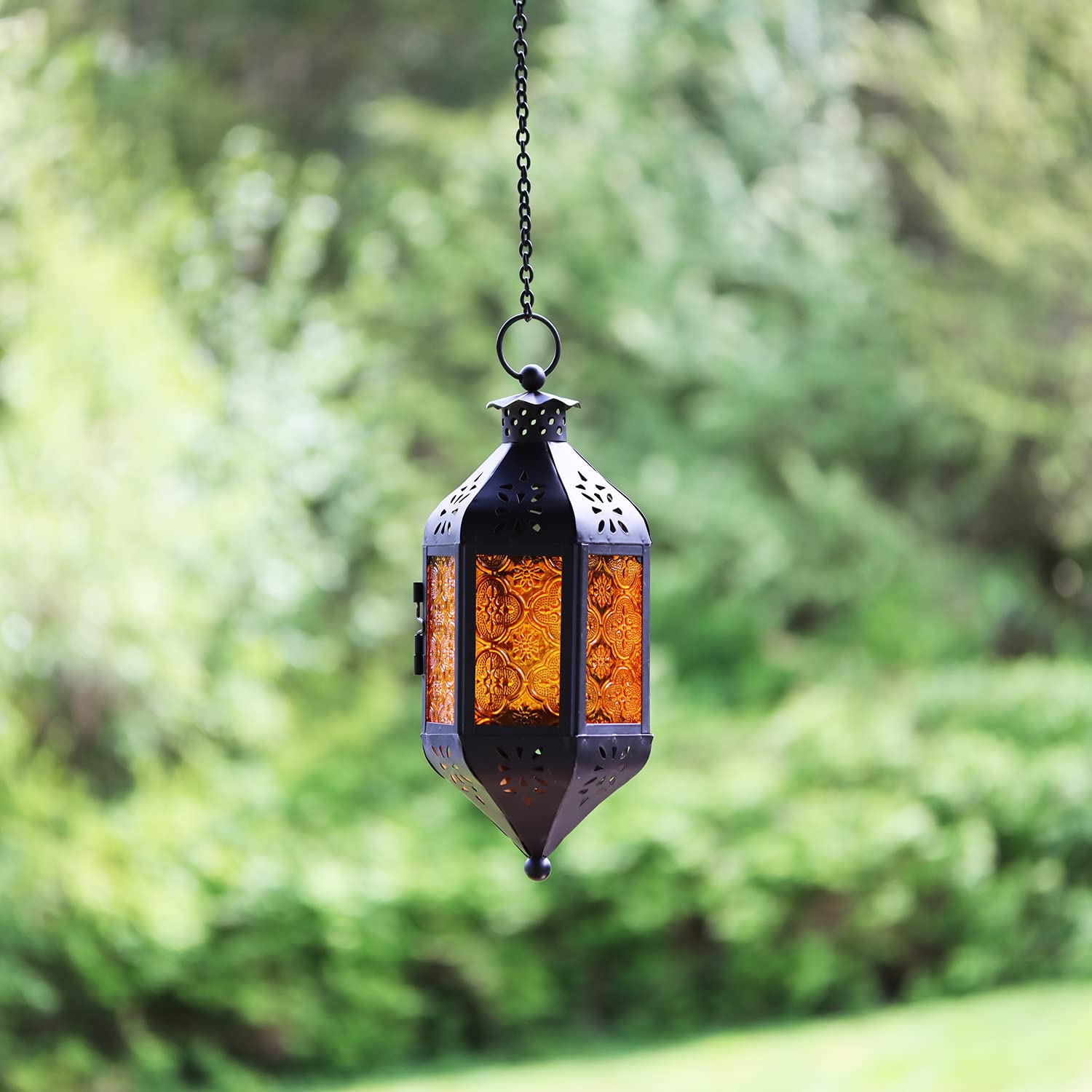 Amber Glass Hanging Moroccan Candle Lantern with Chain - Image 3
