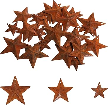 LXUEJIE 30PCS 3 Sizes Metal Rusty Barn Star, Mini Hanging Star, Antique Primitives Rustic Country Tin Steel Stars Accents for DIY Crafts Vintage Farmhouse Home Door Wall Decor 1", 1.5", 2"