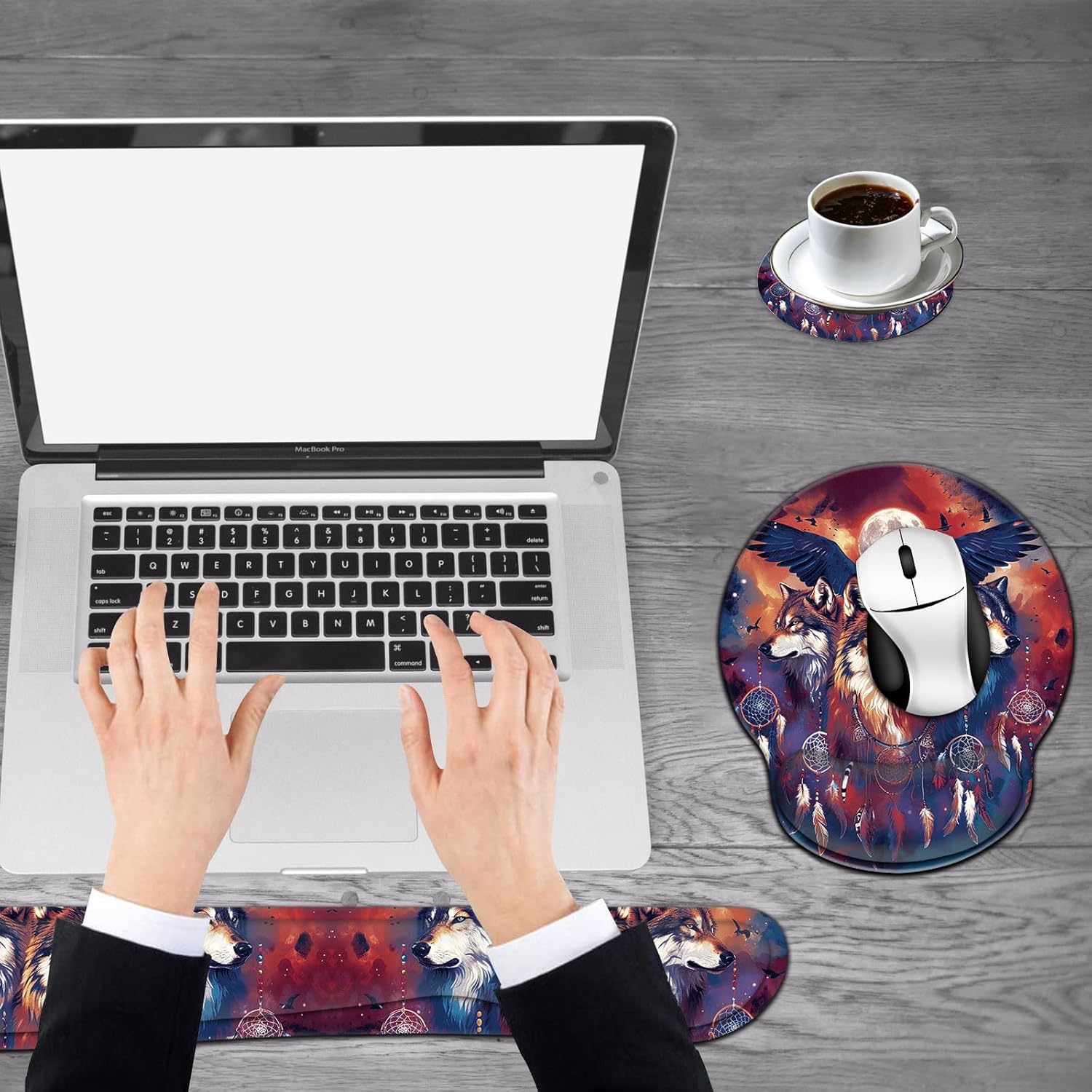 Keyboard Wrist Rest and Mouse Wrist Rest Pad with Coffee Coaster, Non Slip PU Base Wrist Support with Ergonomic Raised Memory Foam for Easy Typing & Pain Relief,Wolf Moon Eagle