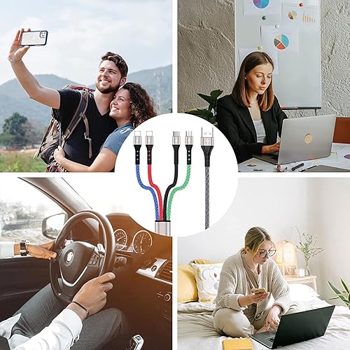 Miniatura 6 de SIQIWO Cable de carga múltiple 2 unidades de 3A 4 pies, cable de carga rápida USB trenzado 4 en 1 de nailon con 2 conectores LightningMicro USBtipo